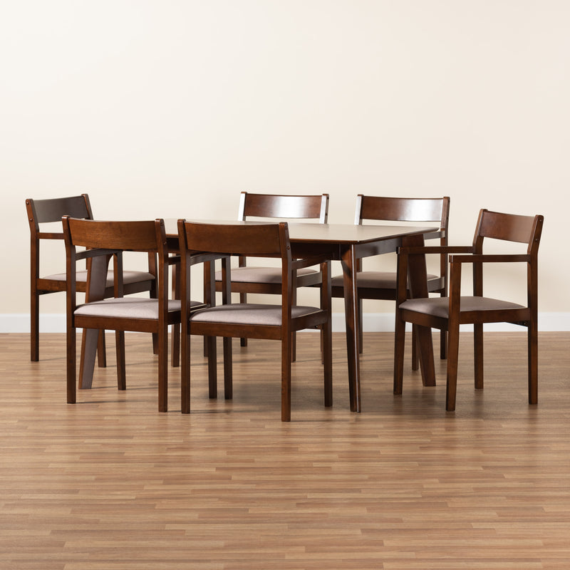 Helene Dining Set Mid-Century Modern 7-Piece Warm Grey Fabric and Dark Brown Finished Wood