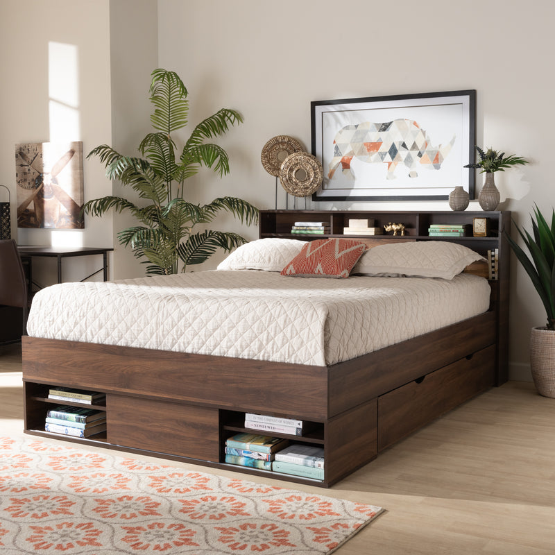 Tristan Queen Size Platform Storage Bed - Modern Walnut Brown Wood with Drawer and Shelves for Organized Bedroom Storage