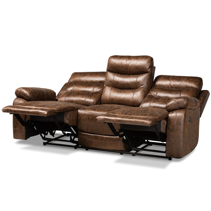 Beasley Reclining Sofa - Modern 3-Seater in Distressed Brown Faux Leather for Stylish Comfort and Relaxation