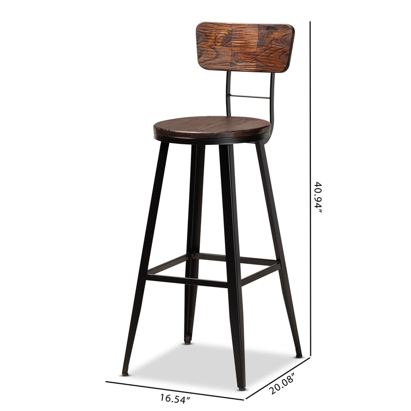 Kenna Vintage Rustic Industrial Bar Stool Set - 2-Piece Wood and Black Metal Design for Home Kitchen or Pub Use