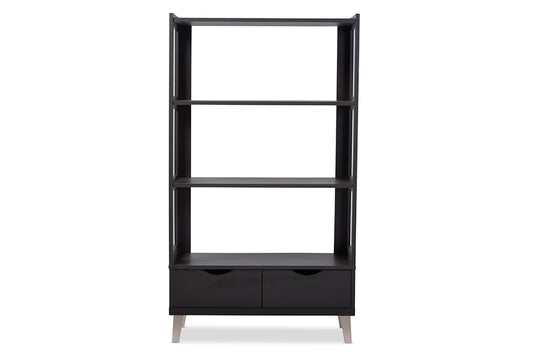 Kalien Modern Dark Brown Wood Leaning Bookcase with Display Shelves and Two Storage Drawers for Home or Office Use