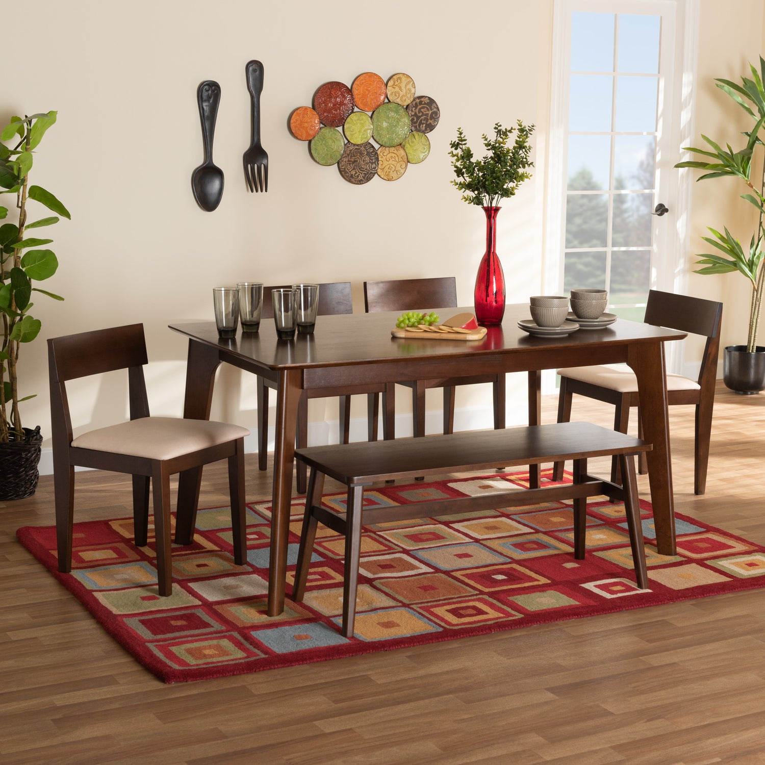 Camilla Dining Set Mid-Century Modern 6-Piece Cream Fabric and Dark Brown Wood Collection