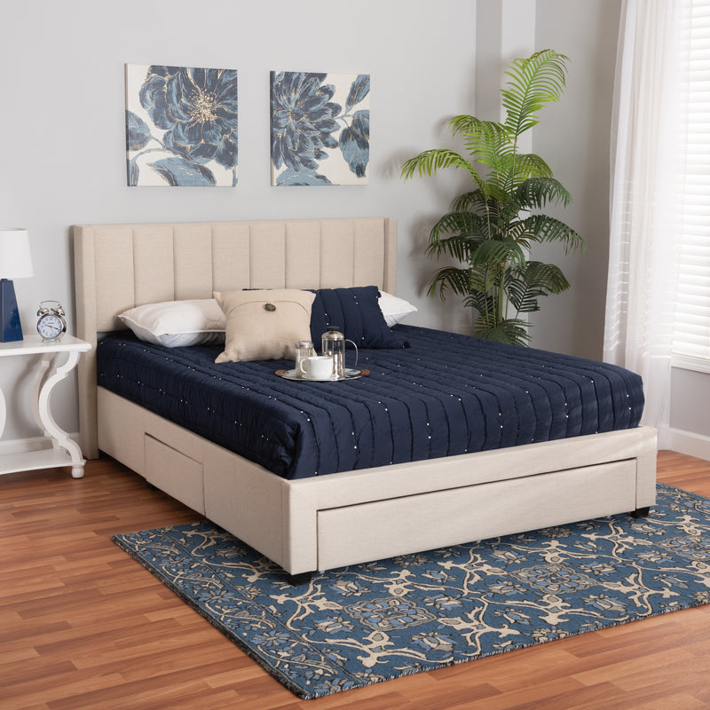 Coronado Platform Bed - Mid-Century Modern Transitional Beige Fabric 3-Drawer Storage