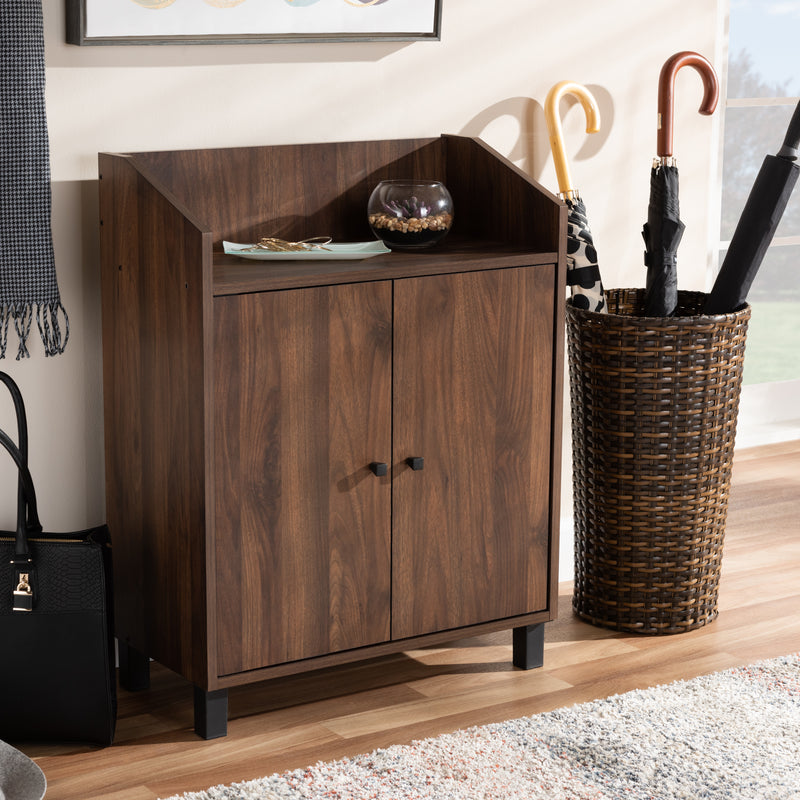 Rossin Shoe Storage Cabinet Modern and Contemporary Walnut Brown Finished 2-Door Wood Entryway with Open Shelf