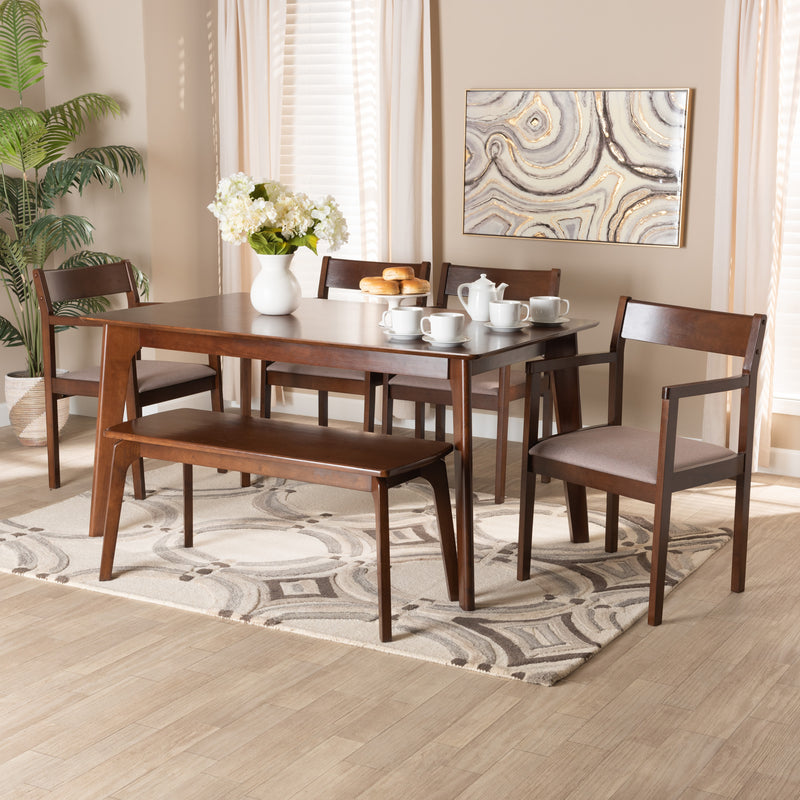 Helene Dining Set Mid-Century Modern 6-Piece Collection in Warm Grey Fabric and Dark Brown Wood Finish