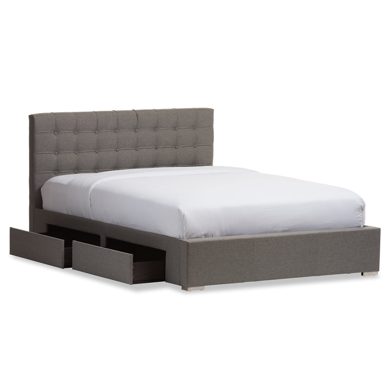 Rene Platform Bed - Modern and Contemporary Grey Fabric 4-Drawer Storage