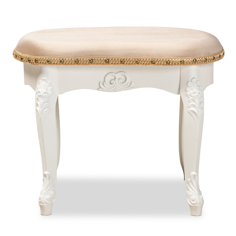 Gabrielle Vanity Ottoman Traditional French Country Style Upholstered in Sand Velvet with White-Finished Wood Frame