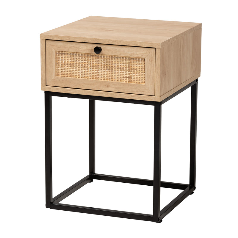 Amelia End Table Mid-Century Modern Design with Natural Brown Wood and Rattan, Featuring 1 Storage Drawer