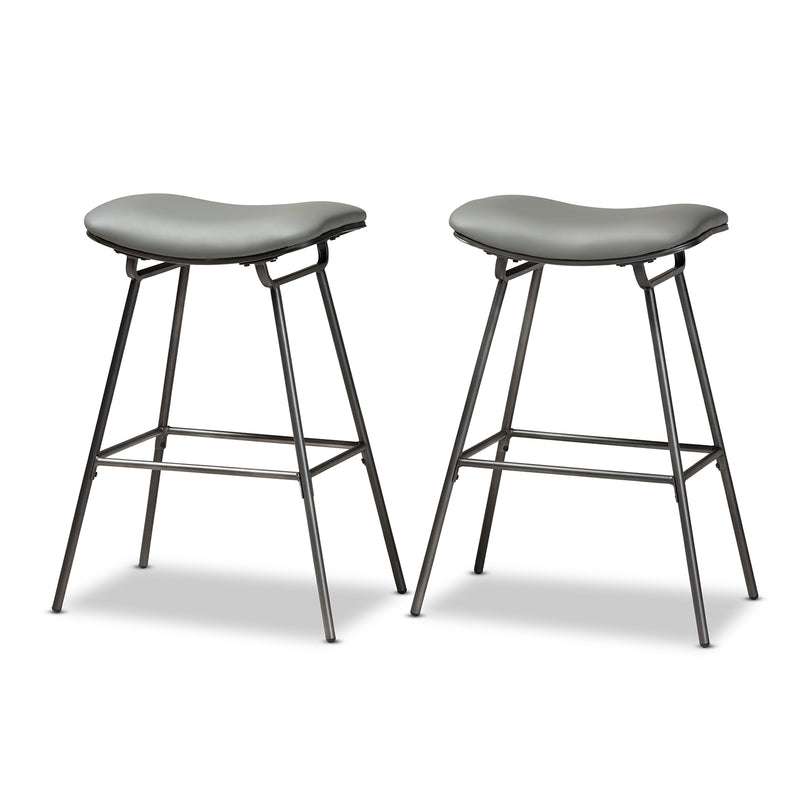 Jette Bar Stool Set - Modern 2-Piece Grey Fabric Upholstered Bar Stools with Dark Grey Metal Frame