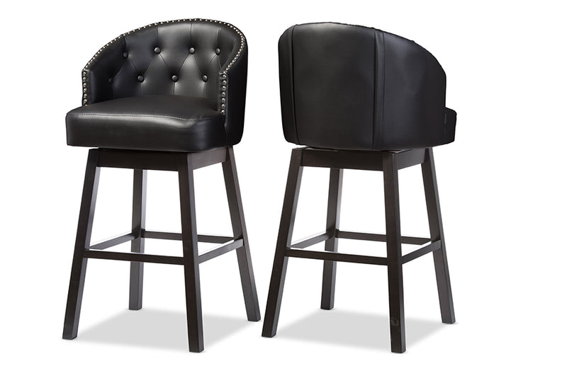 Avril Barstool Modern and Contemporary Black Faux Leather Tufted Swivel with Nail Head Trim Set of 2