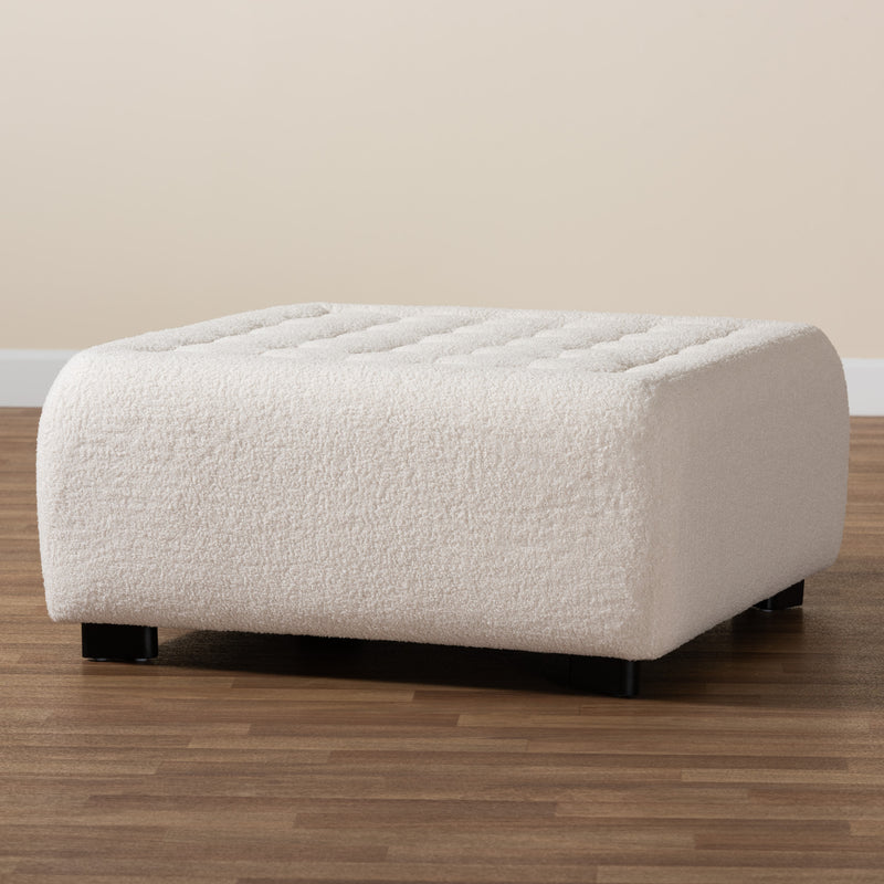 Athena Square Ottoman Modern Ivory Boucle Upholstered with Black Wood Base Stylish Accent Furniture for Living Room or Bedroom