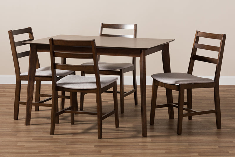 Nadine Dining Set Modern 5-Piece Collection with Walnut Finish and Light Grey Fabric Upholstery