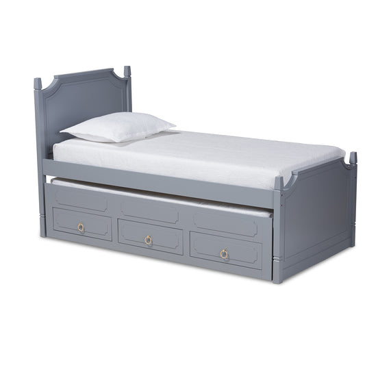 Mariana Twin Size Storage Bed Traditional Grey Finished Wood with 3 Drawers and Pull-Out Trundle for Space-Saving Solutions