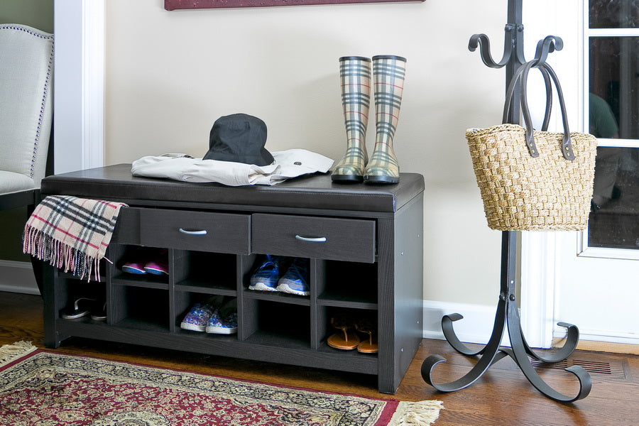 Espresso Entryway Bench with Storage and Cushion for Stylish Hallway Seating and Organization