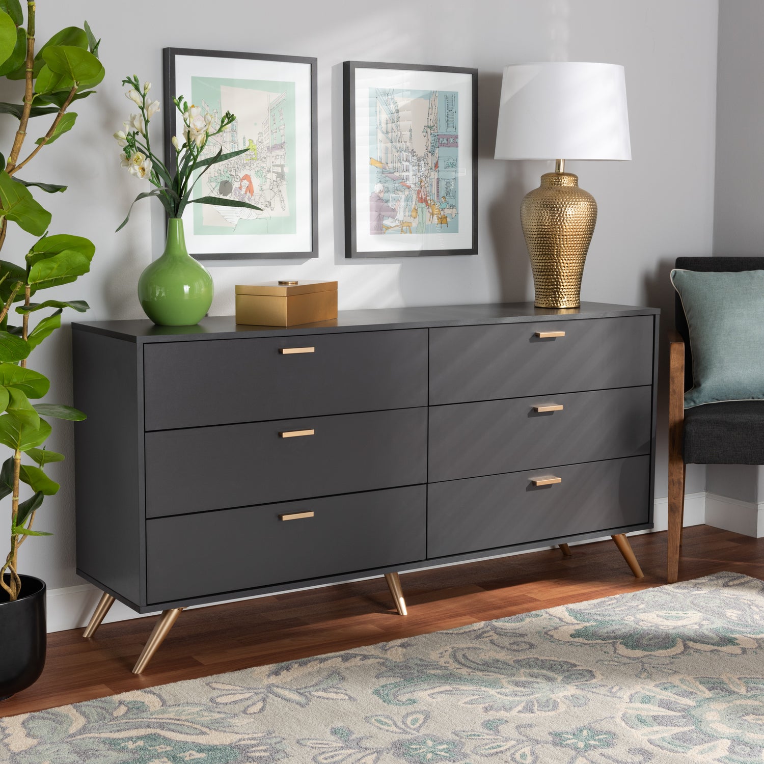 Kelson Modern 6-Drawer Dresser in Dark Grey and Gold Finished Wood, Stylish Storage for Bedroom or Living Room