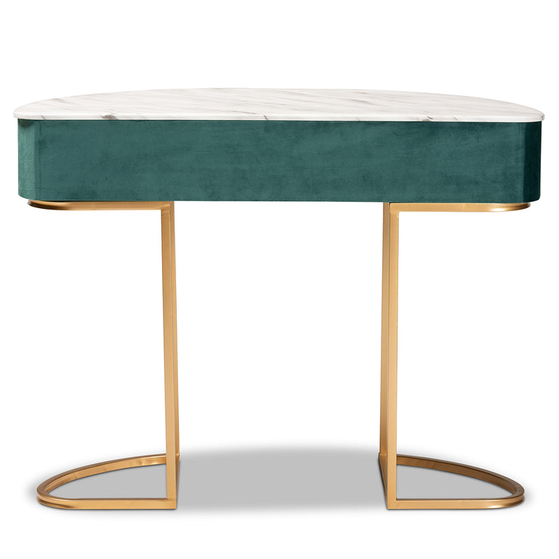 Beale Luxe Console Table Glam Green Velvet Upholstered Design with Brushed Gold Finish and Faux Marble Top, Includes 1 Stylish Storage Drawer