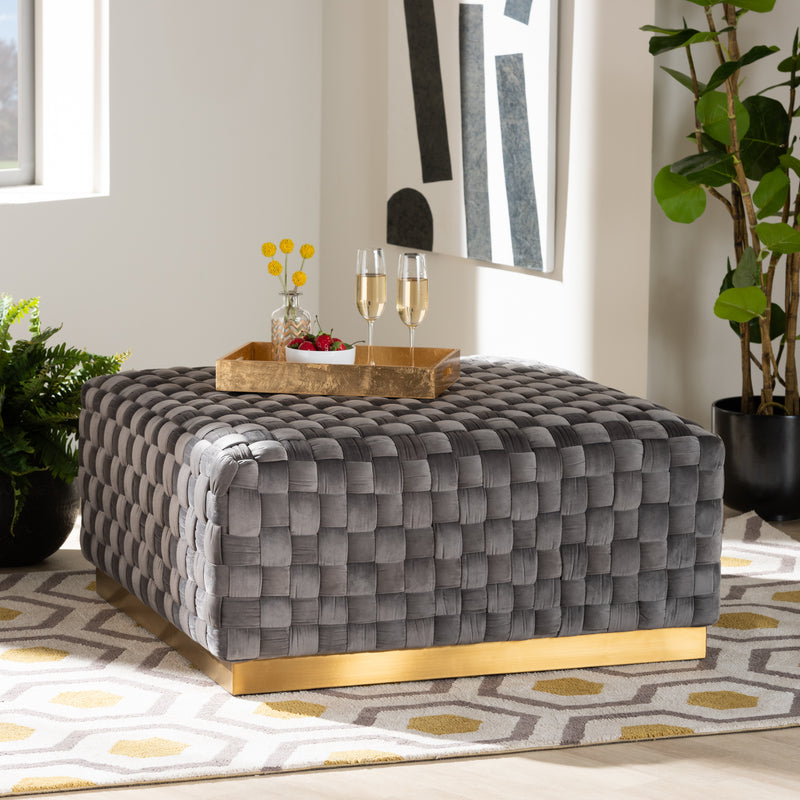 Noah Luxe Grey Velvet Cocktail Ottoman - Glam Upholstered Square Design with Gold Accents