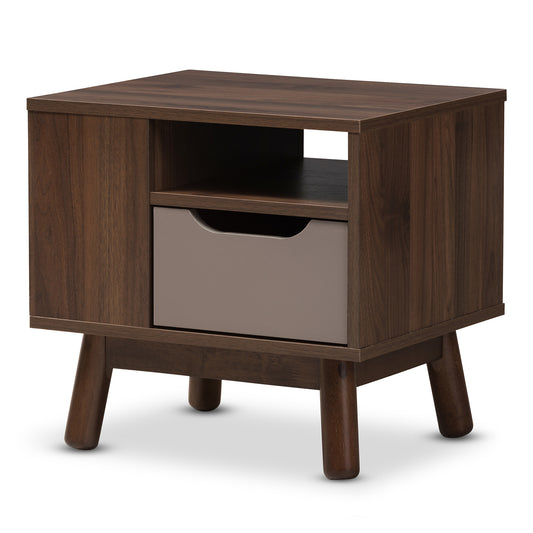 Britta Nightstand Mid-Century Modern Walnut Brown and Grey Two-Tone Wood Bedside Table with Storage