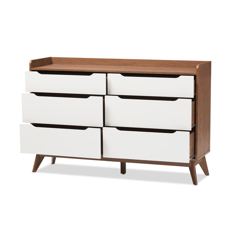 Brighton Dresser Mid-Century Modern 6-Drawer Storage in White and Walnut Wood, Stylish Bedroom Furniture for Organized Spaces