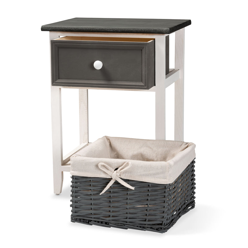 Shadell Storage Unit Modern Two-Tone Dark Grey and White Wood with 1 Drawer and Basket for Organized Living