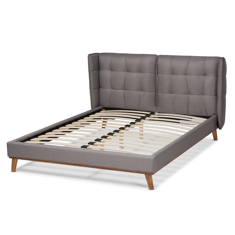 Gretchen Platform Bed - Modern and Contemporary Grey Fabric Upholstered with Walnut Brown Finished Wood