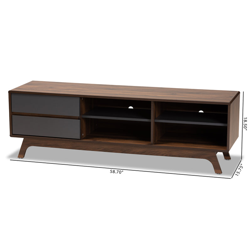 Koji TV Stand - Mid-Century Modern Two-Tone Grey and Walnut Wood with 2 Drawers for Stylish Living Room Storage