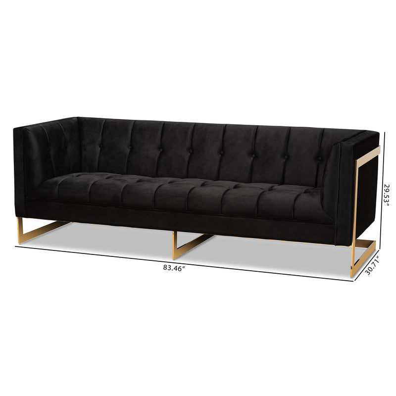 Ambra Glam Sofa Luxe Black Velvet Upholstered Button Tufted with Gold-Tone Frame