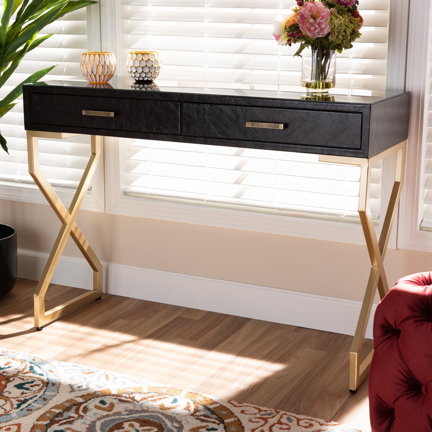 Carville Console Table Modern Dark Brown Faux Leather Upholstered with Gold Finished 2-Drawer Design for Stylish Storage and Display