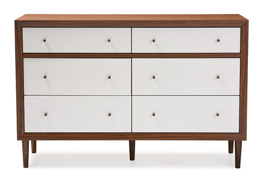 Harlow 6-Drawer Storage Dresser in Mid-Century Modern Style with White and Walnut Finish