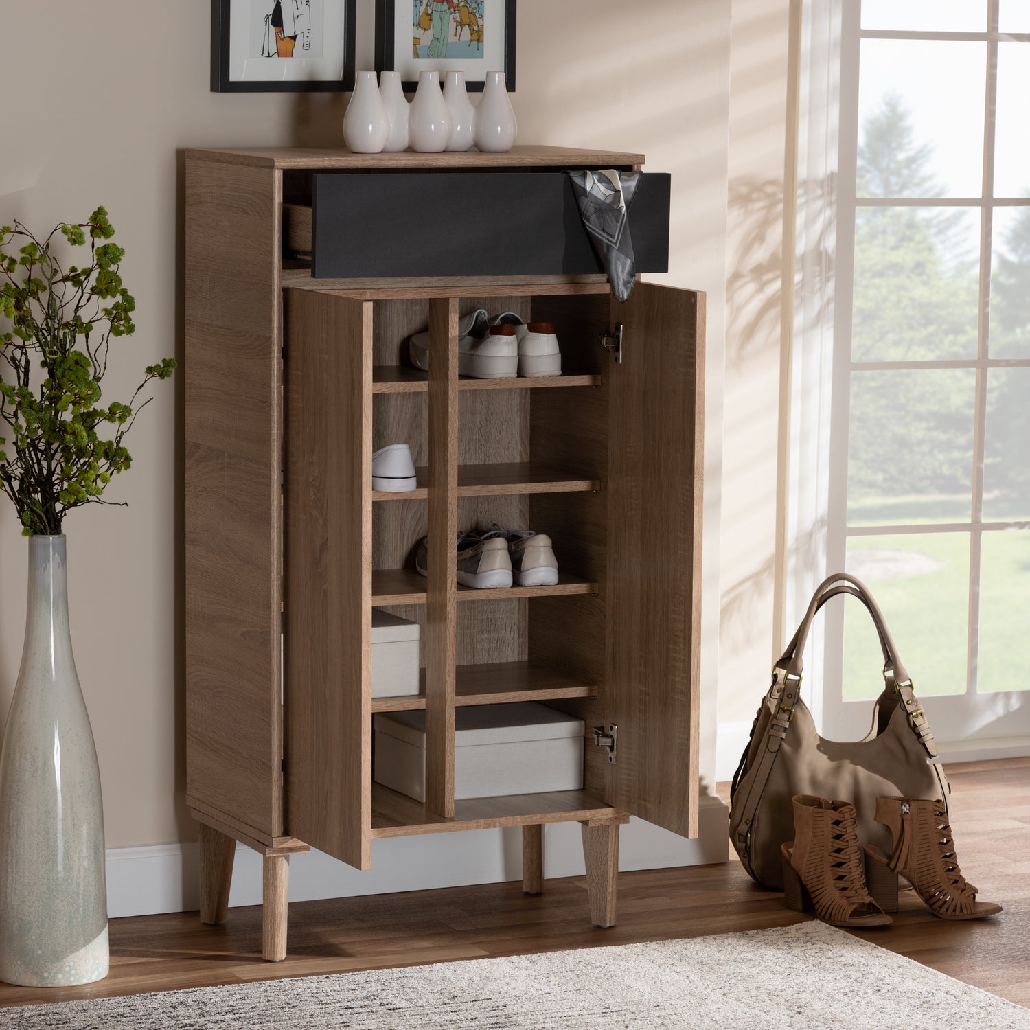 Fella Entryway Shoe Cabinet - Mid-Century Modern Two-Tone Oak Brown and Dark Gray with Drawer for Stylish Storage Solutions