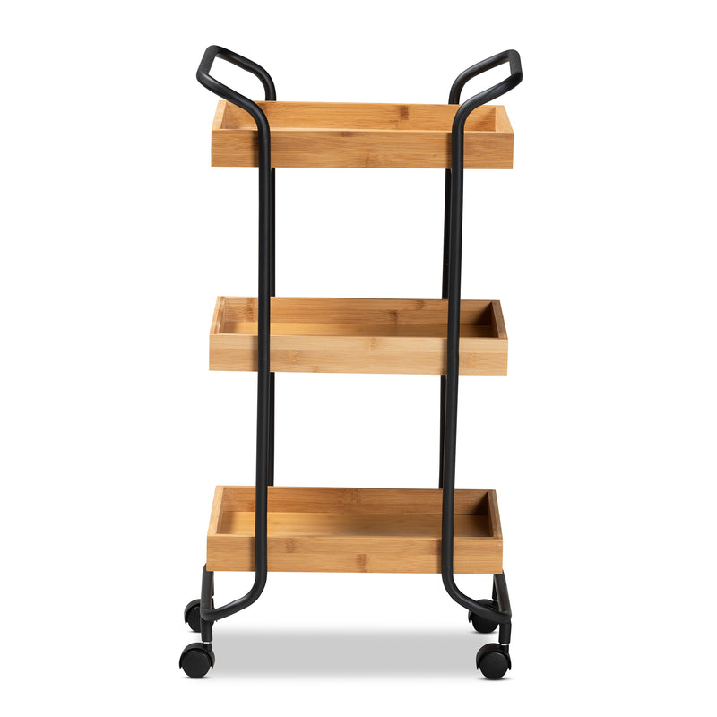 Baxter Mobile Kitchen Cart Modern 3-Tier Design with Oak Brown Wood and Black Metal Frame