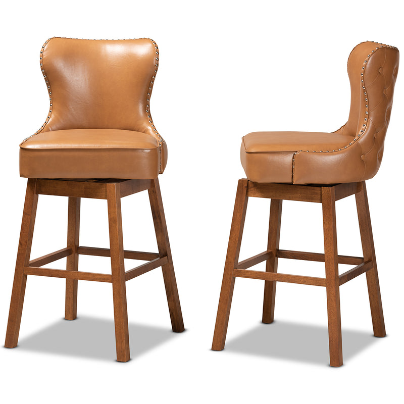 Gradisca Modern 2-Piece Swivel Bar Stool Set Tan Faux Leather Upholstery Walnut Brown Finished Wood Stylish Comfortable Seating for Kitchen or Home Bar