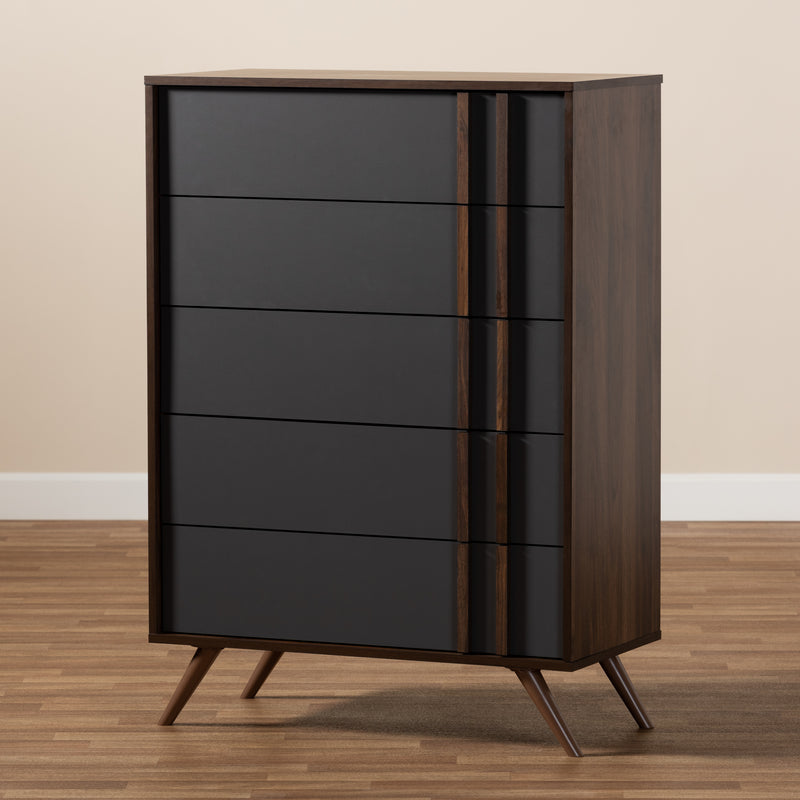 Naoki Bedroom Chest - Modern 5-Drawer Storage Unit in Two-Tone Grey and Walnut Finish for Stylish Organization