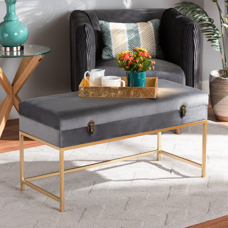 Aliana Ottoman Grey Velvet Fabric Upholstered with Gold Finished Metal Large Storage