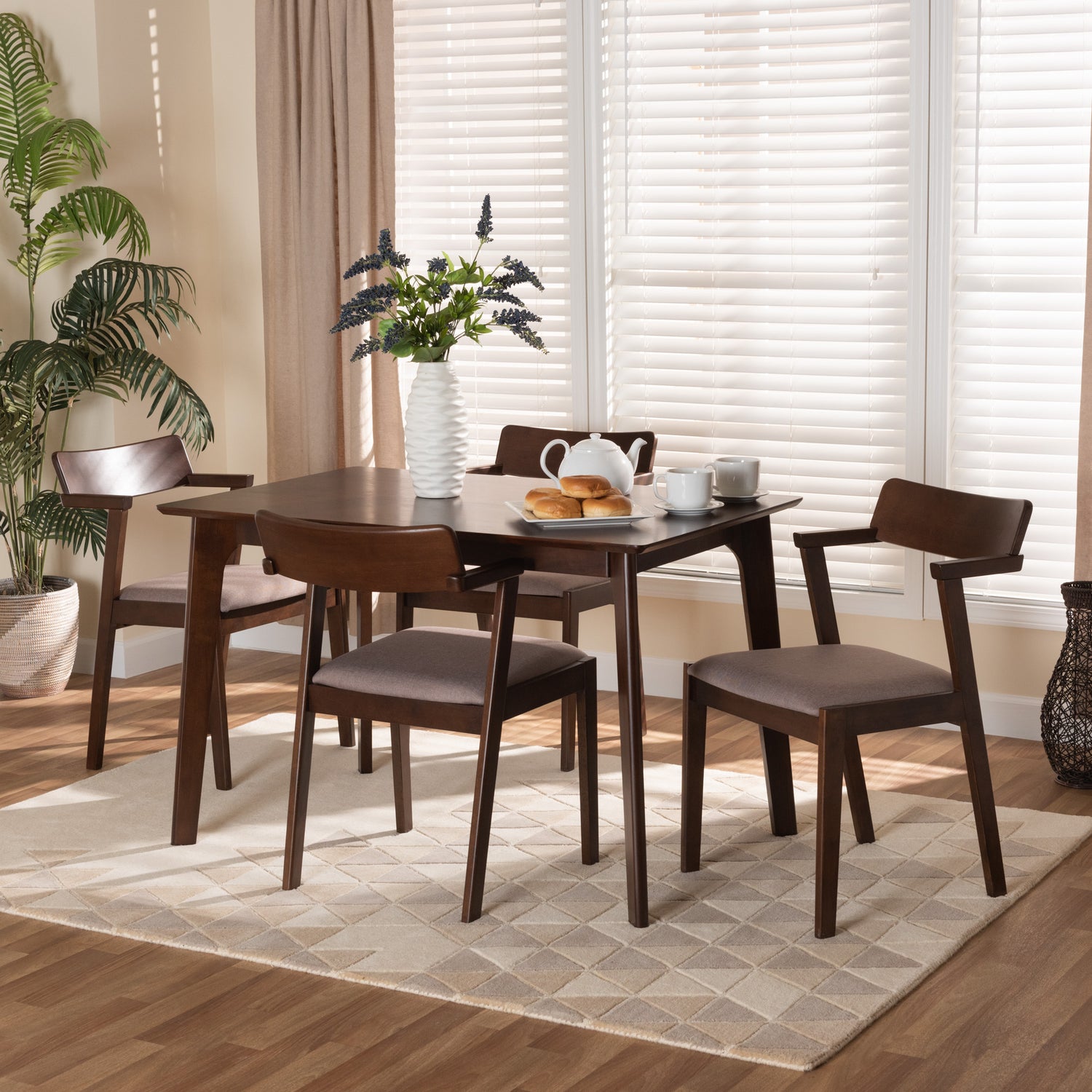 Berenice 5-Piece Dining Set in Mid-Century Modern Style with Warm Grey Fabric and Dark Brown Wood Finish