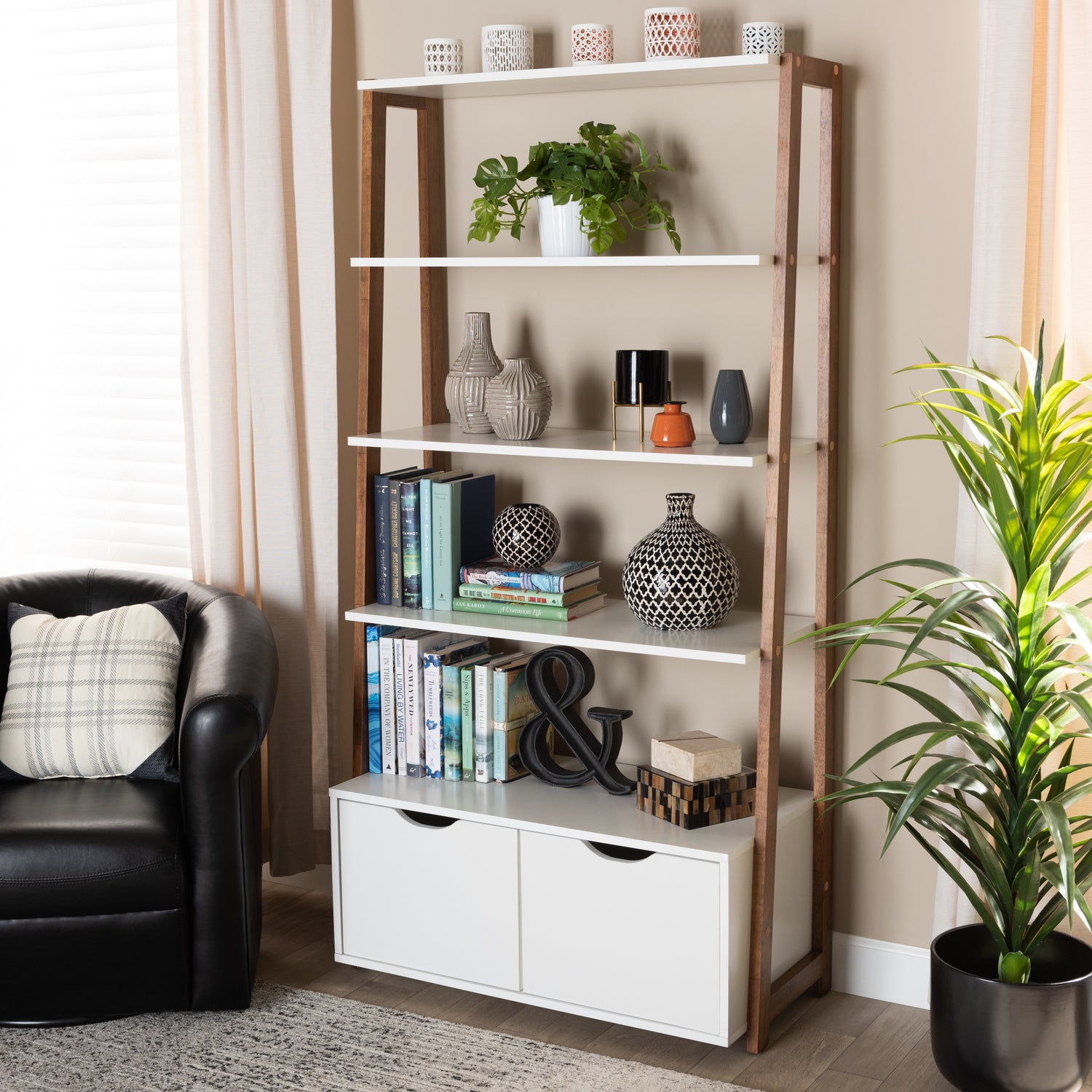 Senja Bookshelf Modern Two-Tone Design in White and Ash Walnut Brown Finished Wood with 2 Doors and Ladder Style