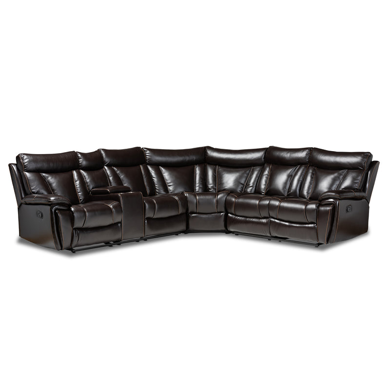 Lewis Modern Contemporary Reclining Sectional Sofa 6-Piece Dark Brown Faux Leather Upholstered Seating for Stylish Living Rooms