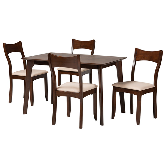 Adreana Dining Set Mid-Century Modern 5-Piece Cream Fabric and Dark Brown Wood Furniture for Stylish Dining Rooms