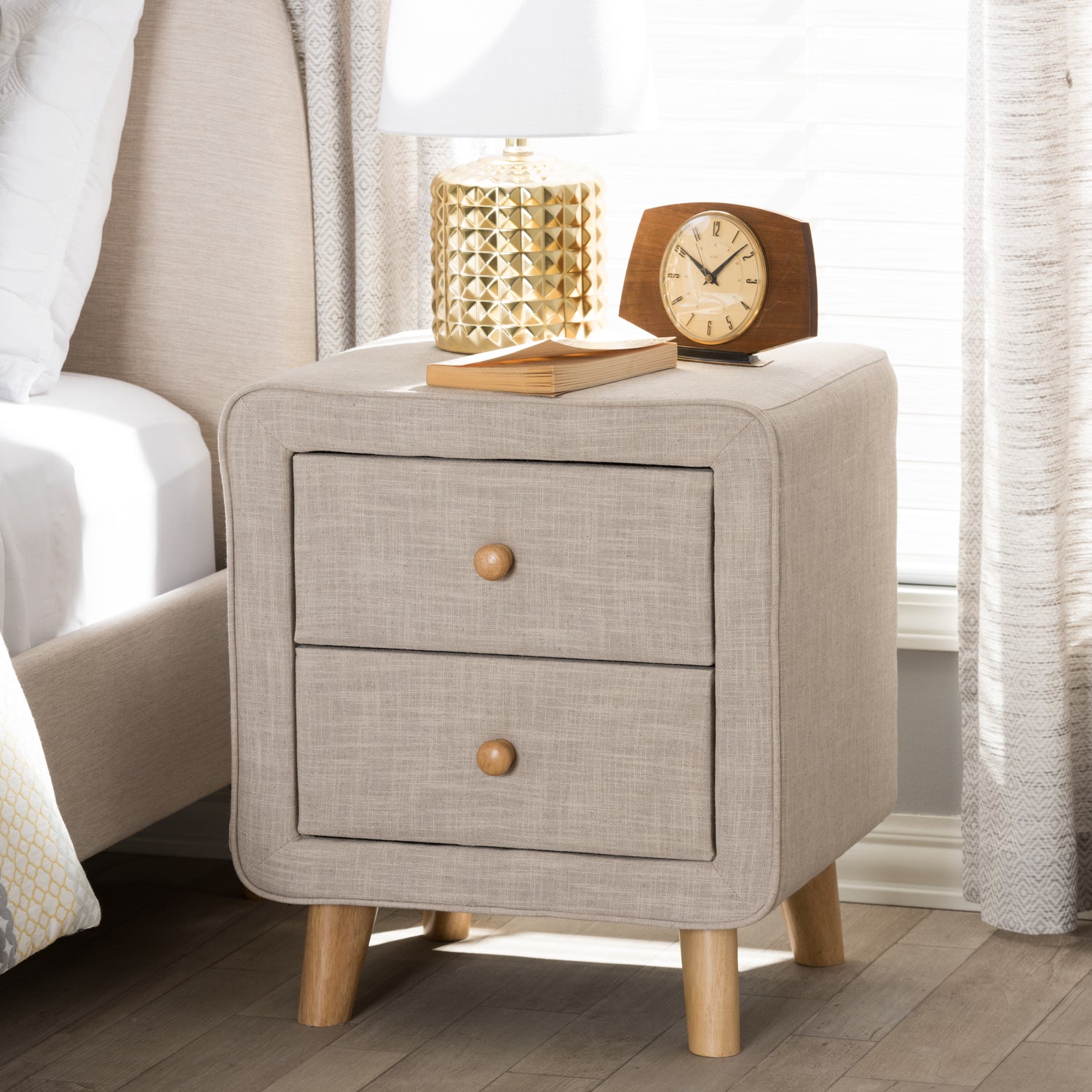 Jonesy Nightstand - Mid-Century Beige Linen Upholstered 2-Drawer