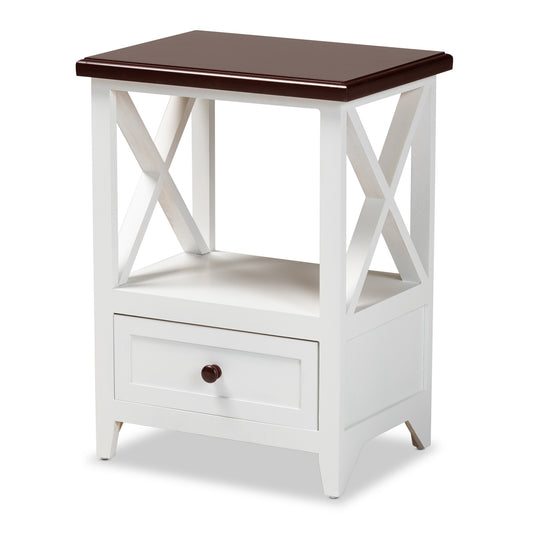 Vesta End Table - Modern Two-Tone Design in White and Dark Brown Wood with 1 Drawer for Stylish Living Room or Bedroom Storage