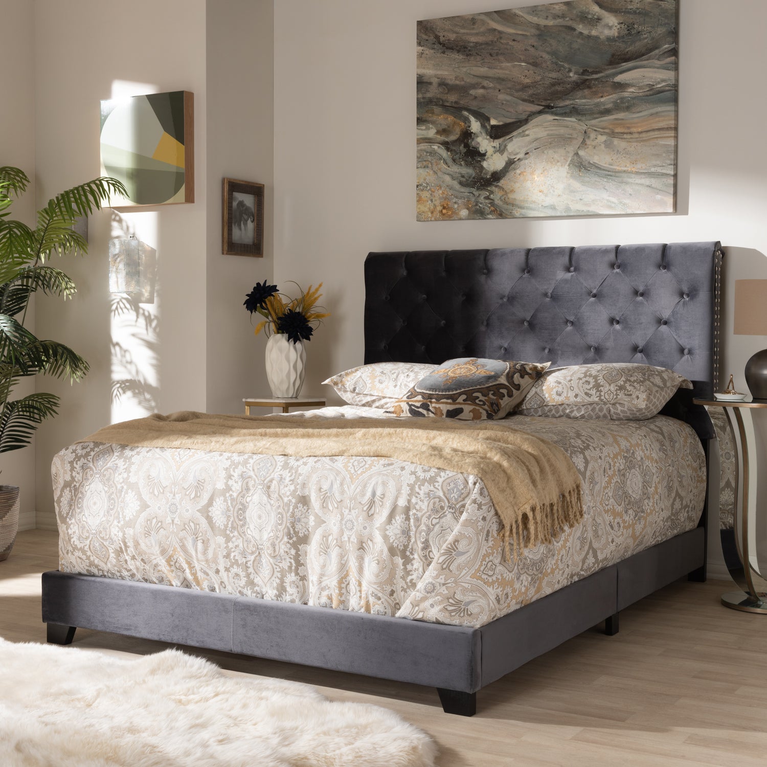 Candace Luxe and Glamour Dark Grey Velvet Upholstered Bed