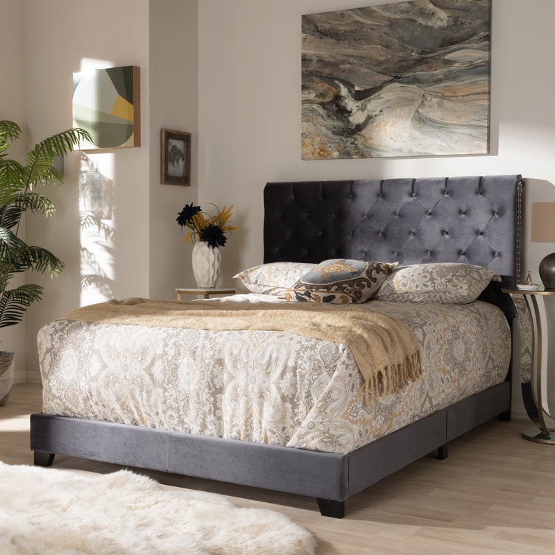 Candace Luxe and Glamour Dark Grey Velvet Upholstered Bed