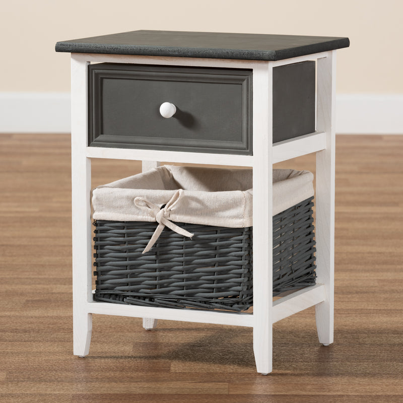 Shadell Storage Unit Modern Two-Tone Dark Grey and White Wood with 1 Drawer and Basket for Organized Living