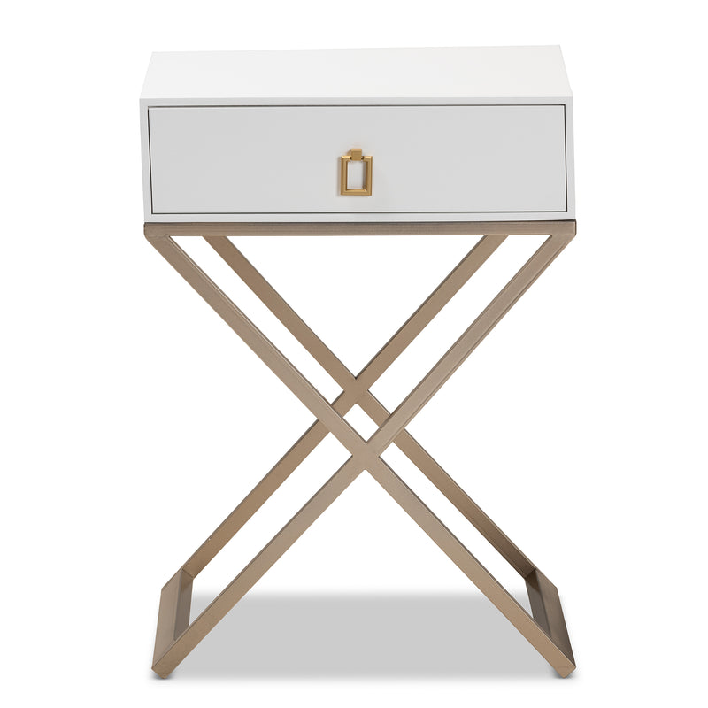 Patricia Modern End Table White Finished Wood with Brass Effect Metal 1-Drawer Design for Stylish Living Room or Bedroom Decor