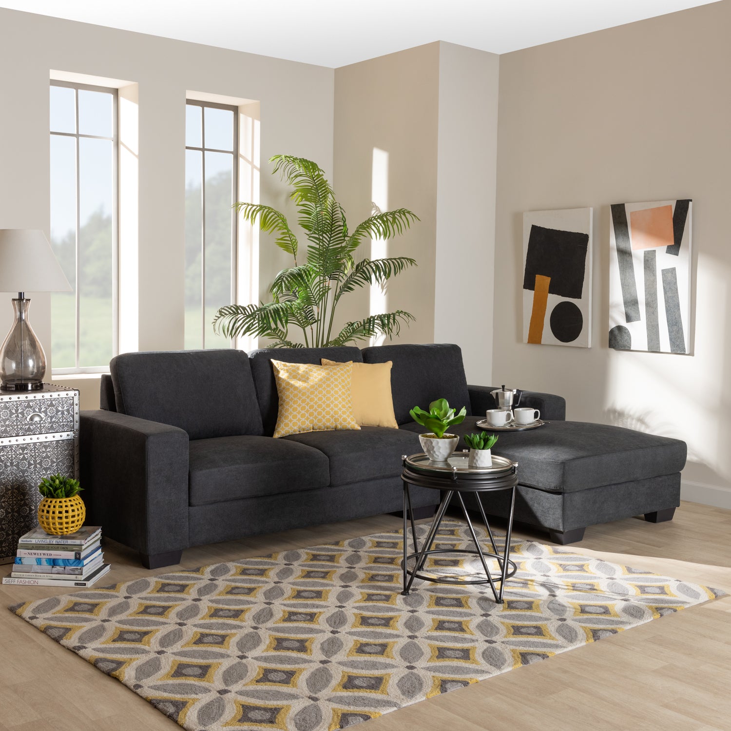 Nevin Sectional Sofa Modern and Contemporary Dark Grey Fabric Upholstered with Right Facing Chaise