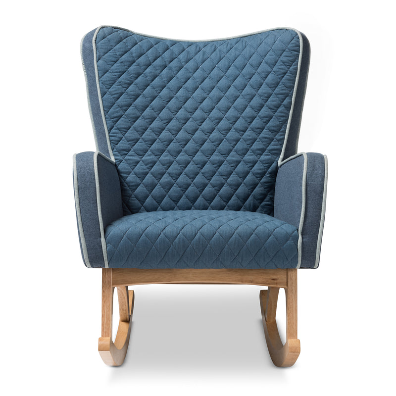 Zoelle Rocking Chair Mid-Century Modern Blue Fabric Upholstery with Natural Finish