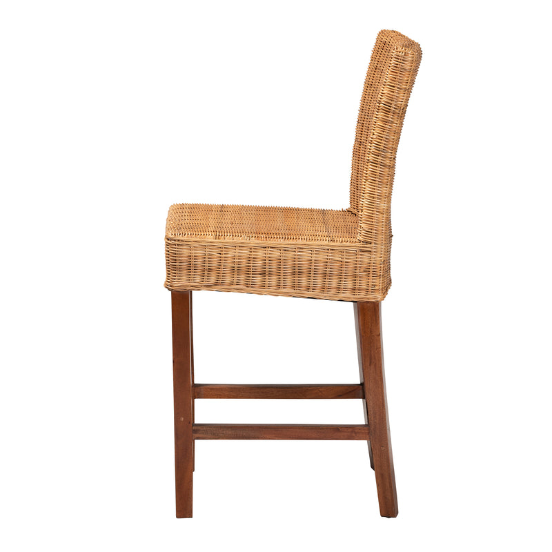 Racquel Modern Bohemian Counter Stool in Natural Rattan and Mahogany Wood for Chic Home Decor