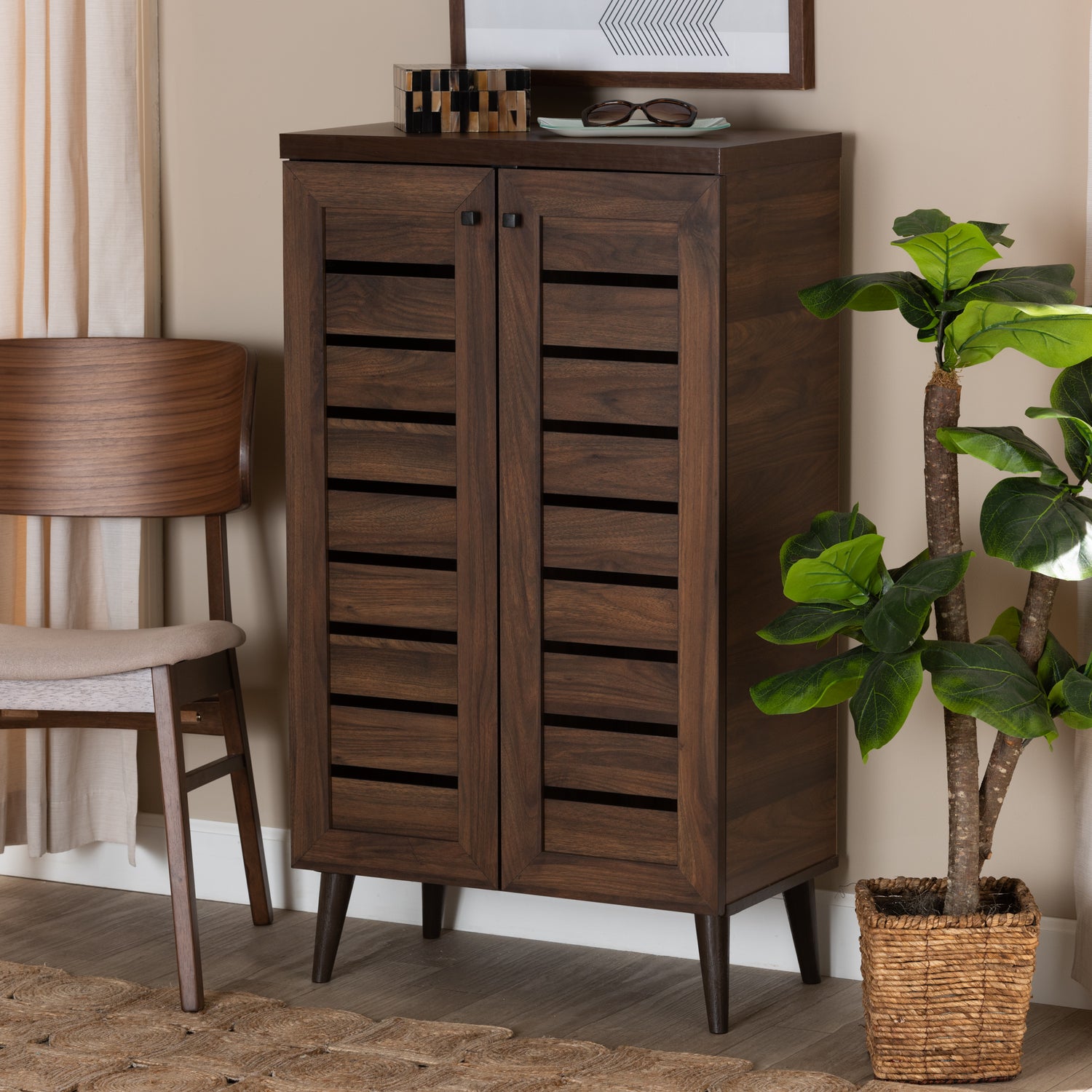 Salma Shoe Storage Cabinet Modern and Contemporary Walnut Brown Finished Wood 2-Door