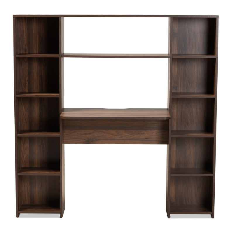 Ezra Modern Computer Desk Walnut Brown Finished Wood with Storage Shelves for Home Office and Study