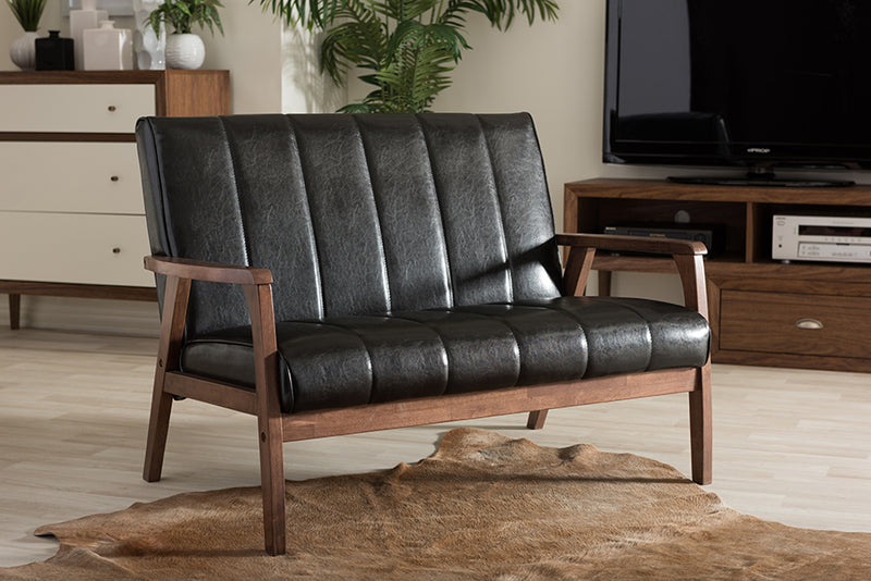 Nikko Loveseat Mid-century Modern Scandinavian Style Black Faux Leather Wooden 2-Seater